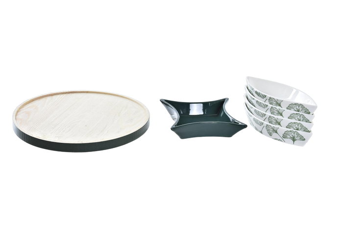 DKD Home Decor Set de 6 Tablas de Aperitivo con Hojas Verde, Blanco y Natural en Gres y MDF