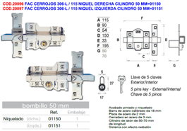 FAC Cerrojos 306-L / 115 Níquel Izquierda Cilindro 50 mm
