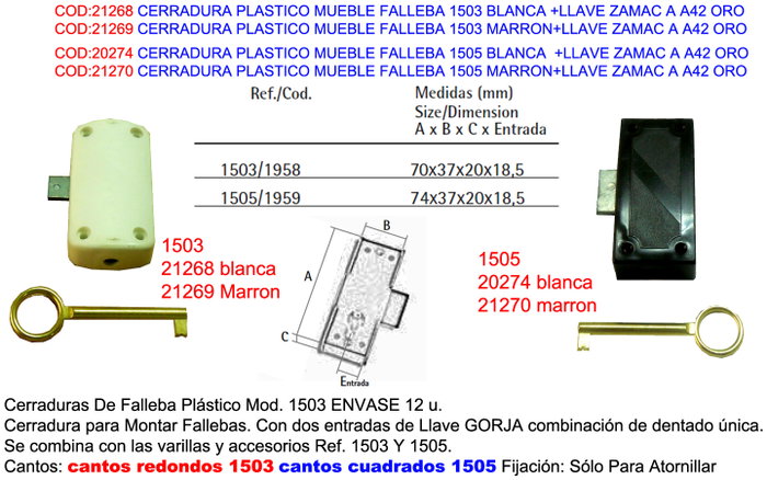 Cerradura de mueble falleba 1503 marrón con llave zamac A42 oro Cerradura de mueble falleba 1503 marrón con llave zamac A42 oro