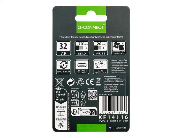 Q-connect Memoria USB Flash Drive 32 GB USB 3.2 Tipo C Conector Deslizante Plateado