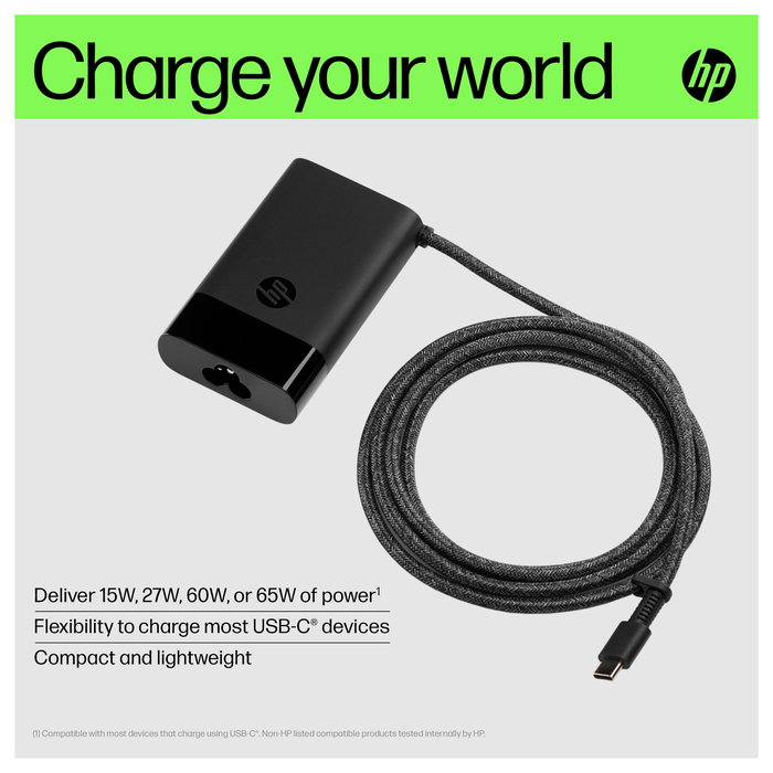 HP Cargador USB-C 65W para portátil, Negro