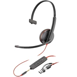 Poly Auriculares con Micrófono Blackwire 3215 Mono, USB-C y Jack 3.5mm, Incluye Adaptador USB-C/A, Color Negro - 8X227AA