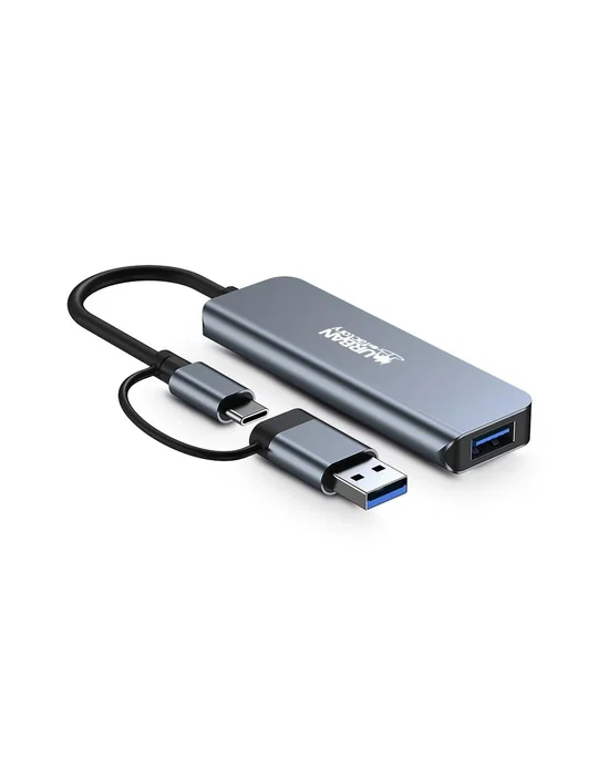 Urban Factory MHC35UF Base para Portátil y Hub USB 3.2 Gen 1 con 4 Puertos Type-A, Aluminio Gris, Cable 0.15m