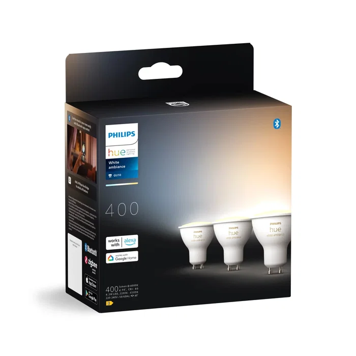 Philips Hue White Ambience 8720169230095 Pack 3 Bombillas LED Inteligentes GU10 4.2W 400 Lúmenes Bluetooth/Zigbee Regulable