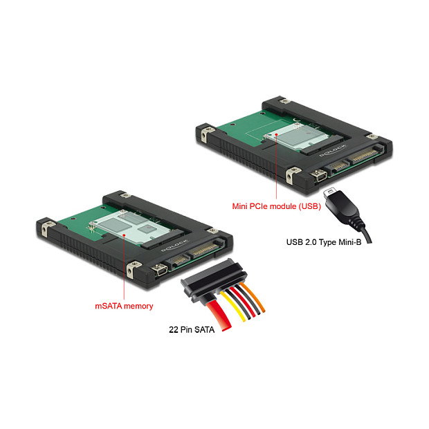 DeLOCK Adaptador 62853 de mSATA/Mini PCIe a SATA 22 Pin y USB 2.0 Tipo Mini-B, 6 Gbit/s, 70 x 100 x 7 mm