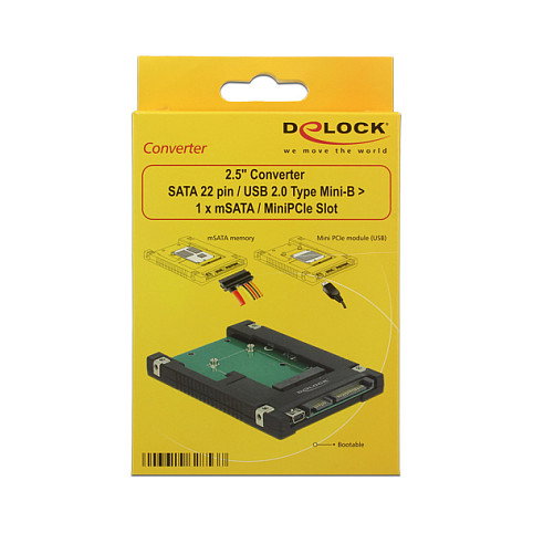 DeLOCK Adaptador 62853 de mSATA/Mini PCIe a SATA 22 Pin y USB 2.0 Tipo Mini-B, 6 Gbit/s, 70 x 100 x 7 mm