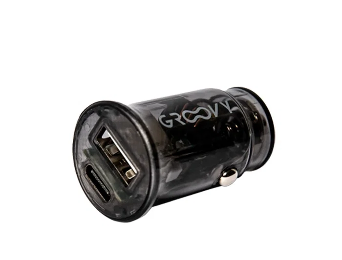 Groovy Cargador Coche Doble USB a 3.4A Gris Oscuro con USB-C, Diseño Transparente y Protección contra Sobrecarga Groovy Cargador Coche Doble USB a 3.4A Gris Oscuro con USB-C, Diseño Transparente y Protección contra Sobrecarga