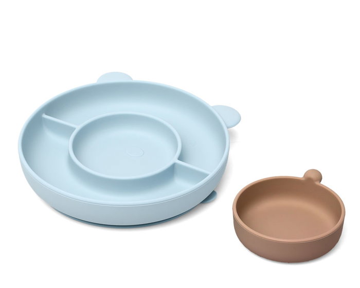 KioKids Plato de Silicona con 3 Compartimentos y Ventosa, Diseño Oso Azul para Bebés +6 Meses, Baby Led Weaning (BLW), Apto para Microondas y Lavavajillas