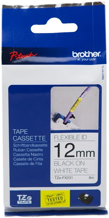 Brother TZe-FX231 Cinta Laminada Flexible 12mm Negro sobre Blanco