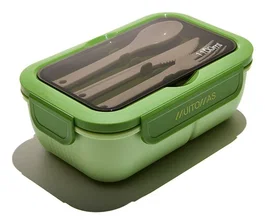 Muitomas Lunchbox Fiambrera Táper de 1,1 Litros con 3 Compartimentos, Incluye Cubiertos, Plástico Negro y Verde, Apto para Microondas