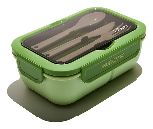 Muitomas Lunchbox Fiambrera Táper de 1,1 Litros con 3 Compartimentos, Incluye Cubiertos, Plástico Negro y Verde, Apto para Microondas