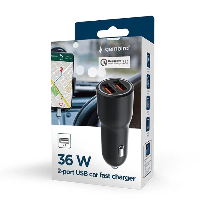 Gembird TA-UC-A2QC36-CAR-01 Cargador Rápido para Coche con 2 Puertos USB, Quick Charge 3.0, 36 W, Negro