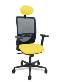Silla de oficina Zulema con mecanismo Sincro tapizada con Tela color Amarillo y malla color Negro. Equipada con lumbar 1D, Brazos 2D, Cabecero Fijo y Ruedas 65mm nailon