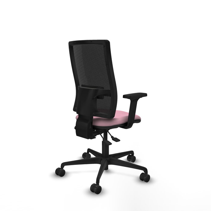 Silla de oficina Bormate con mecanismo Asincro tapizada con Tela color Rosa y malla color Negro. Equipada con lumbar 1D, Brazos 2D y Ruedas 65mm nailon