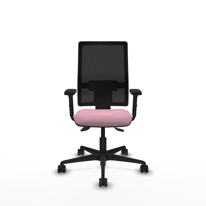 Silla de oficina Bormate con mecanismo Asincro tapizada con Tela color Rosa y malla color Negro. Equipada con lumbar 1D, Brazos 2D y Ruedas 65mm nailon