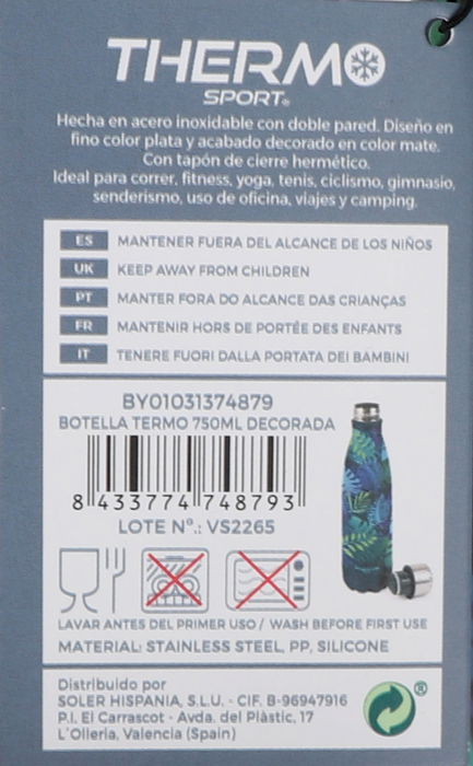 Thermosport Botella Termo 750ml Decorada Ø8x31cm (6 Unidades)