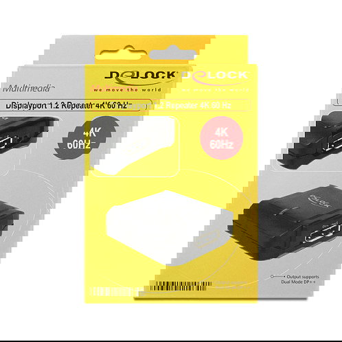 DeLOCK 11464 Repetidor DisplayPort 1.2, Extensor/Amplificador de Señal para Monitor 4K Ultra HD a 60Hz, Conectores Hembra 20 Pines, Alimentación por DC 5V