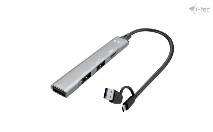 i-tec CAHUBMETALMINI4 Hub USB 3.2 Gen 1 de 4 Puertos, 1x USB-C + 3x USB 2.0, 5 Gbps, Metal Plateado, Compatible con Windows/macOS/Linux