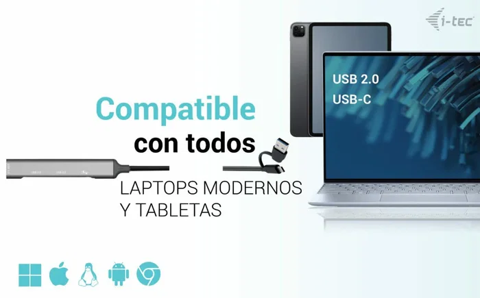 i-tec CAHUBMETALMINI4 Hub USB 3.2 Gen 1 de 4 Puertos, 1x USB-C + 3x USB 2.0, 5 Gbps, Metal Plateado, Compatible con Windows/macOS/Linux