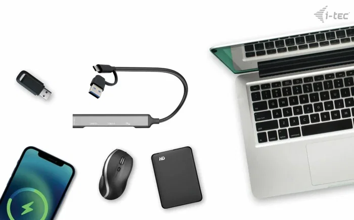 i-tec CAHUBMETALMINI4 Hub USB 3.2 Gen 1 de 4 Puertos, 1x USB-C + 3x USB 2.0, 5 Gbps, Metal Plateado, Compatible con Windows/macOS/Linux