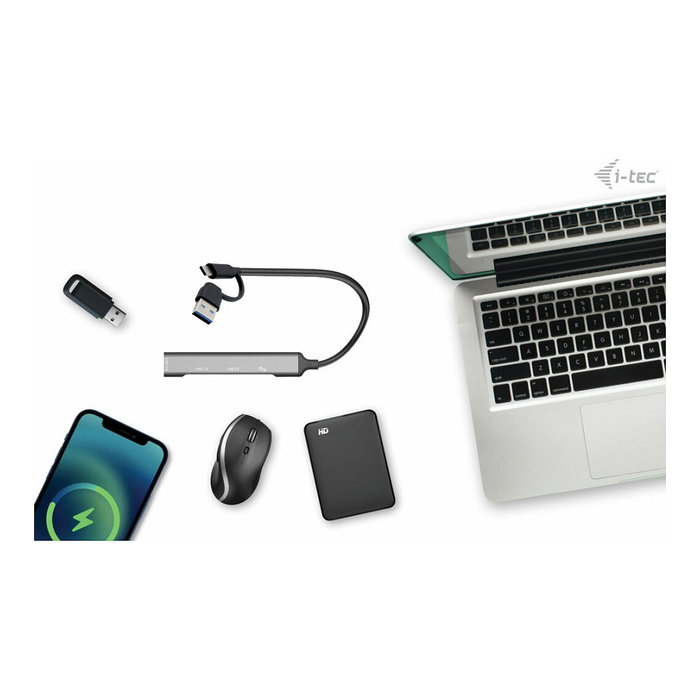 I-TEC USB Hub de 4 Puertos 1x USB 3.2 Gen 1 USB-C/A + 3x USB 2.0, Aluminio Plata, 5 Gbit/s, Android ChromeOS Windows MAC, 100 mm