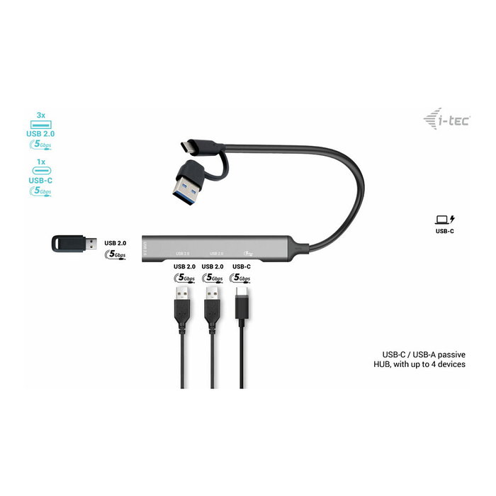I-TEC USB Hub de 4 Puertos 1x USB 3.2 Gen 1 USB-C/A + 3x USB 2.0, Aluminio Plata, 5 Gbit/s, Android ChromeOS Windows MAC, 100 mm
