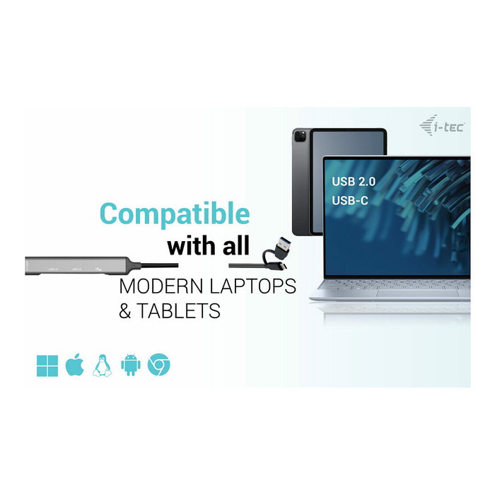 I-TEC USB Hub de 4 Puertos 1x USB 3.2 Gen 1 USB-C/A + 3x USB 2.0, Aluminio Plata, 5 Gbit/s, Android ChromeOS Windows MAC, 100 mm