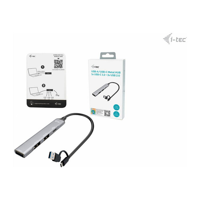 I-TEC USB Hub de 4 Puertos 1x USB 3.2 Gen 1 USB-C/A + 3x USB 2.0, Aluminio Plata, 5 Gbit/s, Android ChromeOS Windows MAC, 100 mm