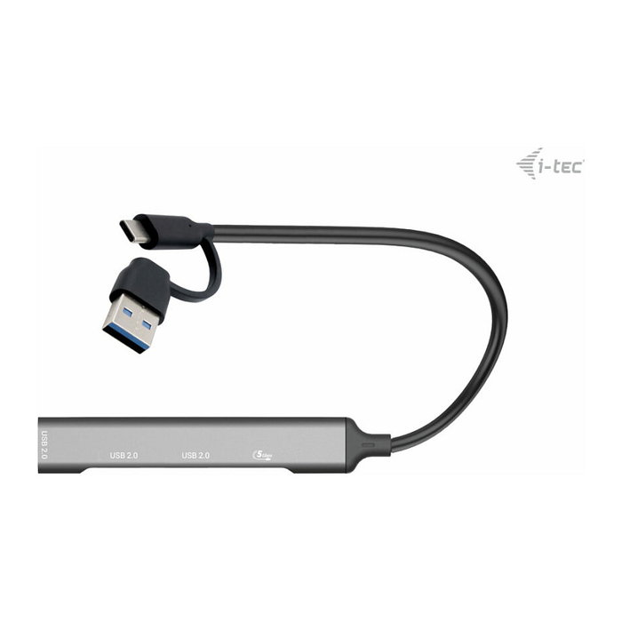 I-TEC USB Hub de 4 Puertos 1x USB 3.2 Gen 1 USB-C/A + 3x USB 2.0, Aluminio Plata, 5 Gbit/s, Android ChromeOS Windows MAC, 100 mm