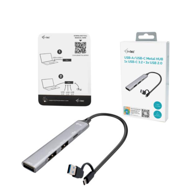 i-tec Hub Multipuerto USB C 4 Puertos (1x USB-C + 3x USB 2.0) Aluminio 5 Gbps Plug & Play para Portátil, PC, Mac