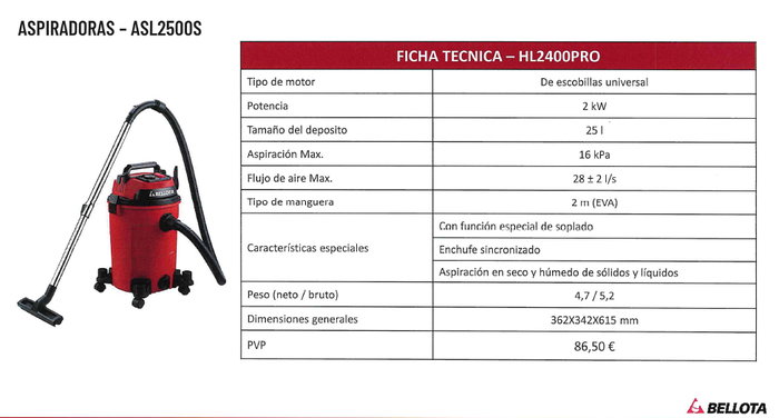 BELLOTA Aspiradora ASL2500SE 2000 W Sólido/Líquido