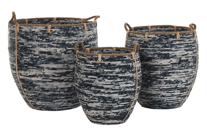 DKD Home Decor Set de 3 Cestas de Ratán Negro y Blanco 52x52x60 cm