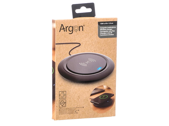 Argon Cargador Inalámbrico Redondo Negro con Cable USB-C, 10 x 1.5 x 10 cm (Set de 12)