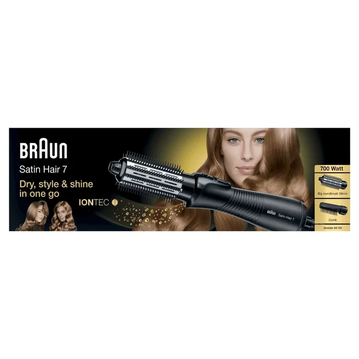 Braun Satin Hair 7 AS720 Cepillo de Aire Caliente para Pelo Seco o Mojado con 2 Niveles de Calor, 700 W, Cable 2 m, Color Negro y Plata