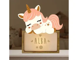 Wondee Lampara infantil personalizable Little Sleeping Unicorn, Luz quitamiedos, Madera sostenible, Regalo original