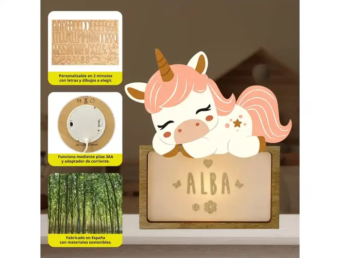 Wondee Lampara infantil personalizable Little Sleeping Unicorn, Luz quitamiedos, Madera sostenible, Regalo original Wondee Lampara infantil personalizable Little Sleeping Unicorn, Luz quitamiedos, Madera sostenible, Regalo original