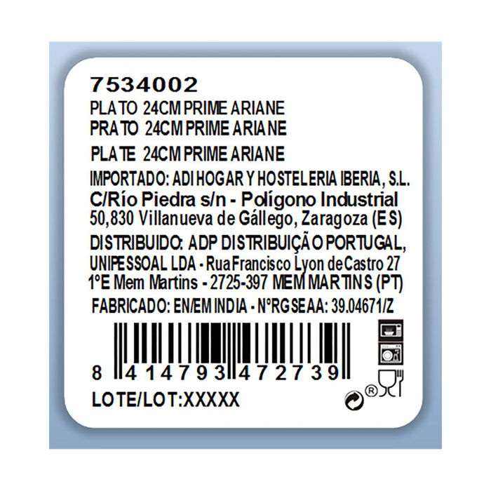 Plato Llano Porcelana Prime Ariane 24 cm