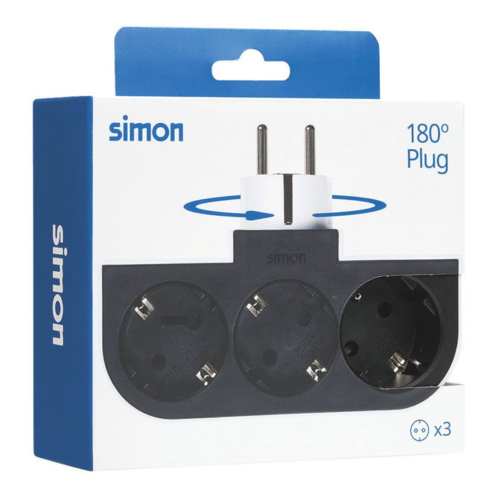 Simon Adaptador Giratorio Schuko 3 Tomas 16A 250V~ con Rotación 180° para Múltiples Espacios Simon Adaptador Giratorio Schuko 3 Tomas 16A 250V~ con Rotación 180° para Múltiples Espacios