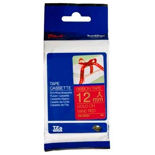 Brother TZe-RW34 Cinta de tela satinada no adhesiva Oro sobre rojo 12mm x 4m