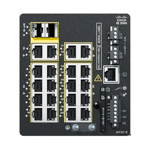 Cisco Catalyst IE3100 Switch Industrial Gestionado L2/L3 - 18 Puertos Gigabit Ethernet, 2 Slots SFP, Montaje en Rack o Carril DIN, Fuente de Alimentación CC Incluida