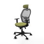Silla de oficina Jorquera con mecanismo Sincro tapizada con Tela color Verde oliva y malla color Gris. Equipada con lumbar 1D, Brazos 1D, Cabecero 2D y Ruedas 65mm nailon