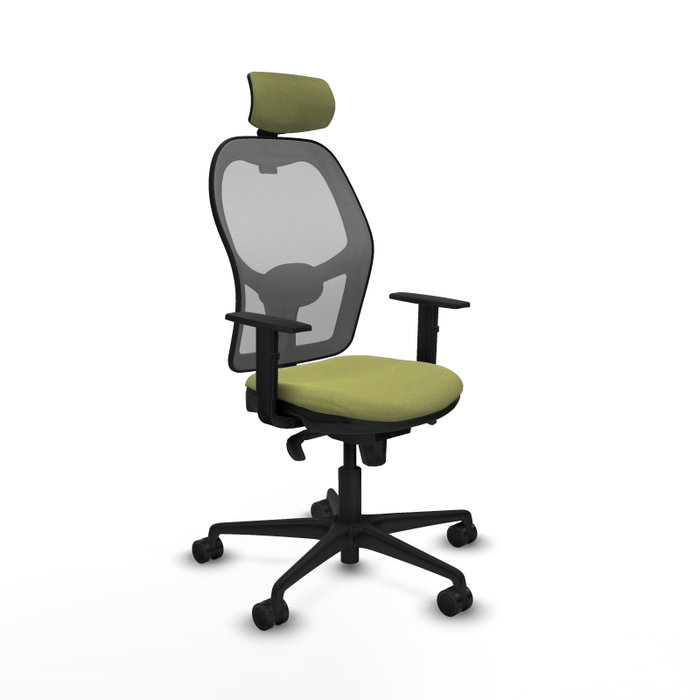 Silla de oficina Jorquera con mecanismo Sincro tapizada con Tela color Verde oliva y malla color Gris. Equipada con lumbar 1D, Brazos 1D, Cabecero 2D y Ruedas 65mm nailon Silla de oficina Jorquera con mecanismo Sincro tapizada con Tela color Verde oliva y malla color Gris. Equipada con lumbar 1D, Brazos 1D, Cabecero 2D y Ruedas 65mm nailon