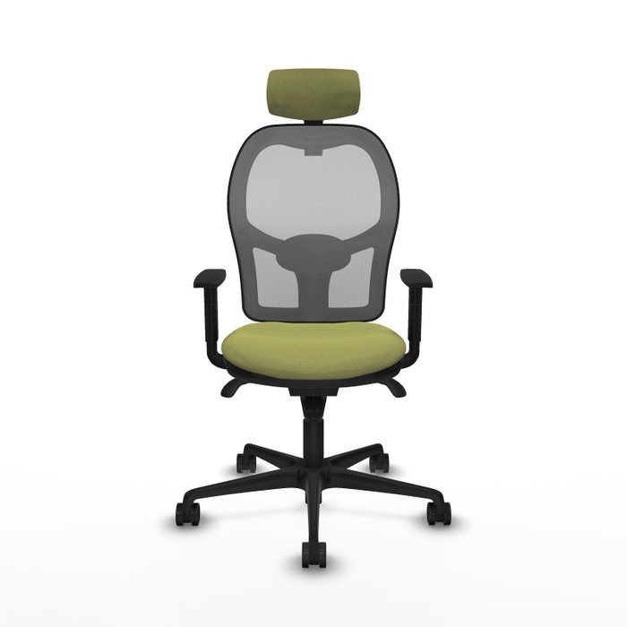Silla de oficina Jorquera con mecanismo Sincro tapizada con Tela color Verde oliva y malla color Gris. Equipada con lumbar 1D, Brazos 1D, Cabecero 2D y Ruedas 65mm nailon Silla de oficina Jorquera con mecanismo Sincro tapizada con Tela color Verde oliva y malla color Gris. Equipada con lumbar 1D, Brazos 1D, Cabecero 2D y Ruedas 65mm nailon