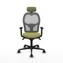 Silla de oficina Jorquera con mecanismo Sincro tapizada con Tela color Verde oliva y malla color Gris. Equipada con lumbar 1D, Brazos 1D, Cabecero 2D y Ruedas 65mm nailon