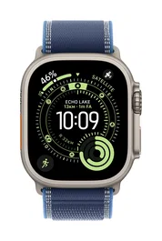 Apple MG9R4ZM/A Correa de Pulsera Loop Sport para Apple Watch Series 9/SE/3/S (49, 46, 45, 44 mm) Azul Titanio - Nailon Elástico con Hilo Reflectante, Cierre de Velcro, Talla M/L