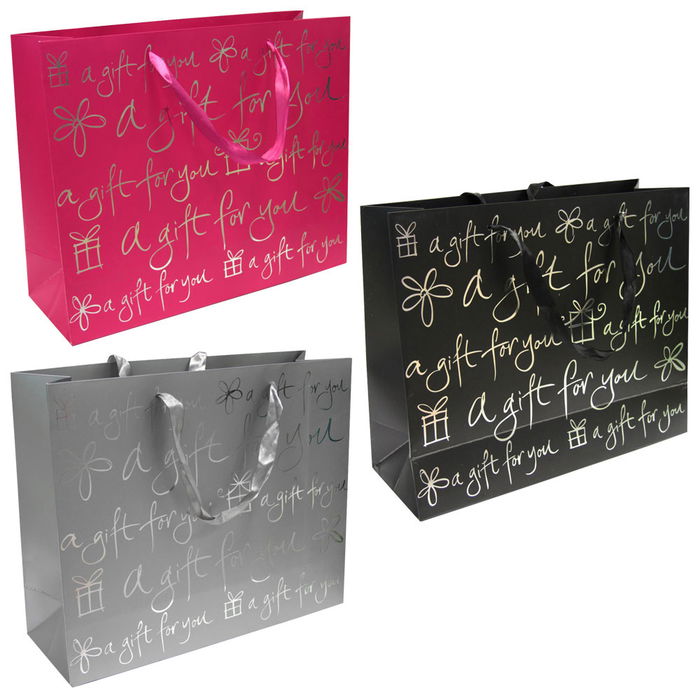 Party Time Bolsa de Regalo 32x26x11 cm con Asas de Cinta y Mensaje "A gift for you", Colores Surtidos