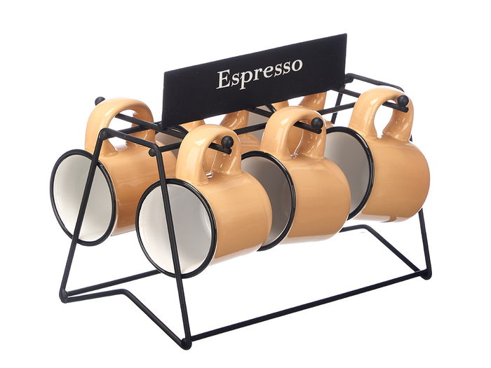 Vessia Set 6 Tazas Cafe Beige Porcelana 100 ml con Soporte 23x17x15cm (Set de 6)