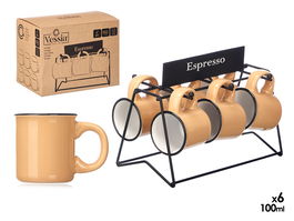 Vessia Set 6 Tazas Cafe Beige Porcelana 100 ml con Soporte 23x17x15cm (Set de 6)