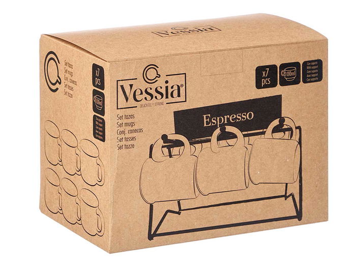 Vessia Set 6 Tazas Cafe Beige Porcelana 100 ml con Soporte 23x17x15cm (Set de 6)