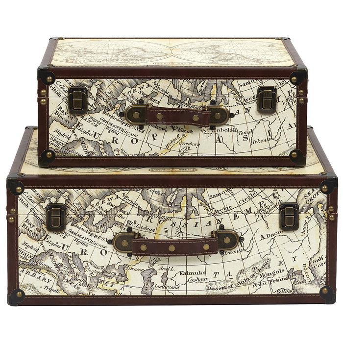 Home Deco Factory Juego 2 Cajas-Maletín Mapamundi Vintage para Decoración y Almacenaje